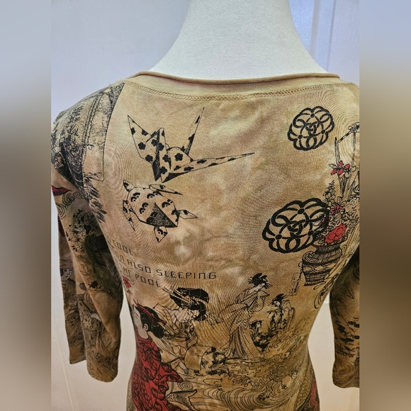 RARE NEW Y2K GLIMA Tan Red Tie Dye Print Japan Geisha Cotton Blouse Top S - Picture 9 of 9